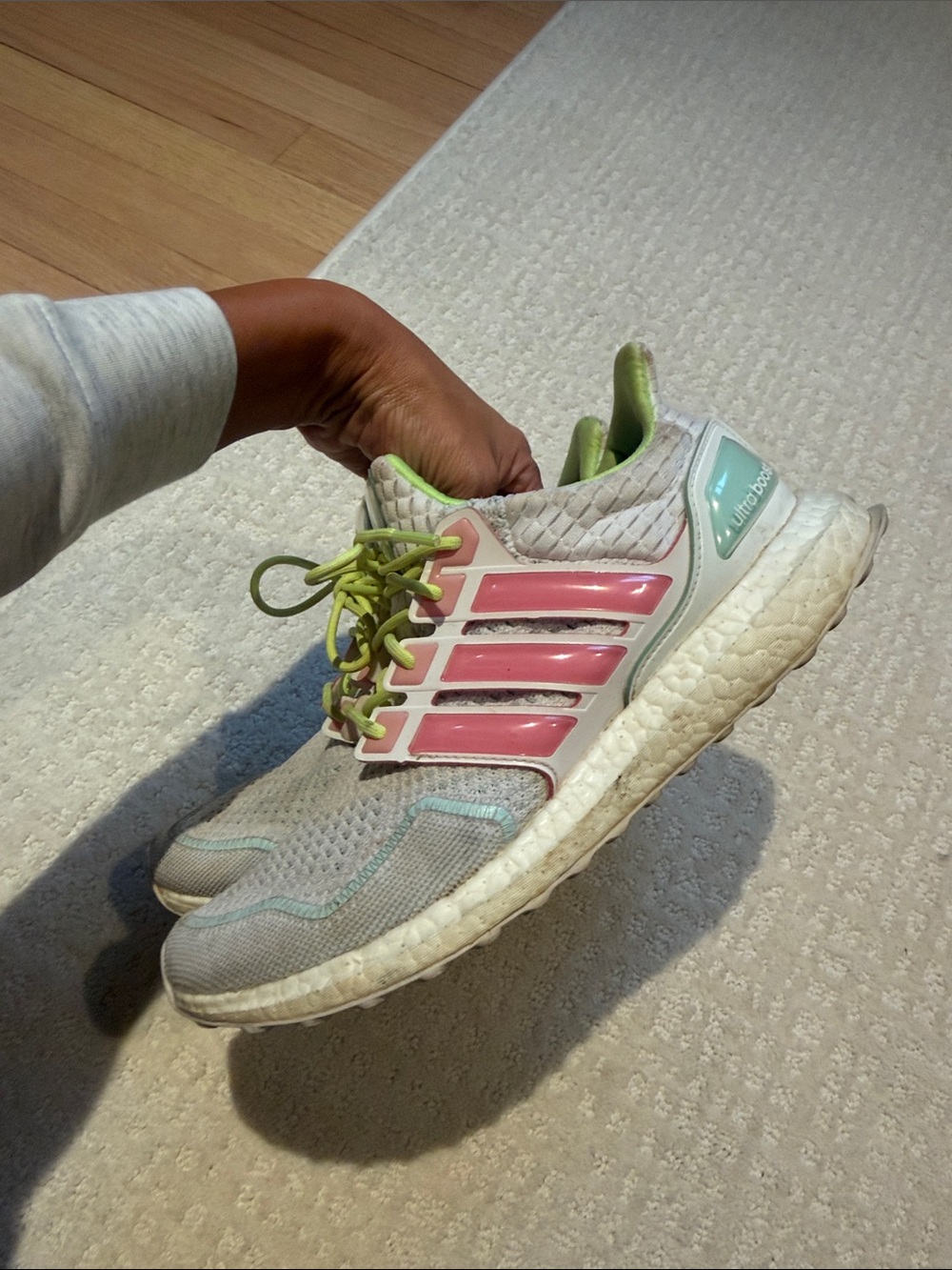 adidas White Athletic Shoes with Pink Stripes and Lime Accents